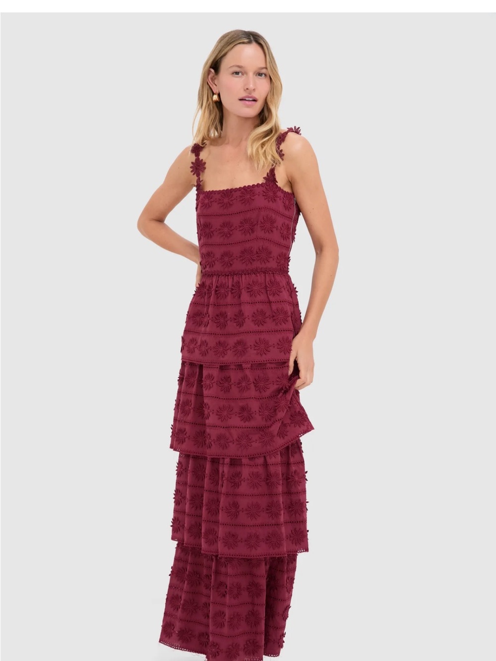 SAYLOR Burgundy Tiered Maxi Dress with Floral Strap Detail